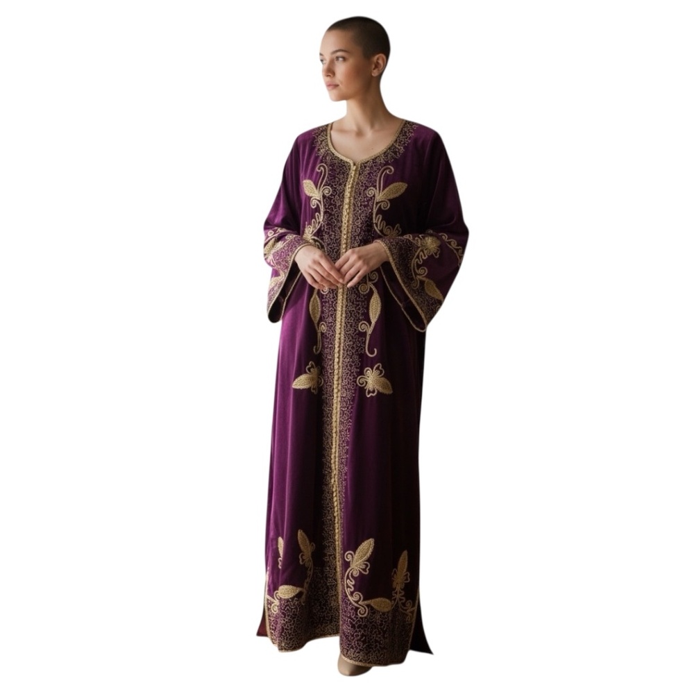 Kaftan Purple Embroidered Maxi Dress, Size M/L